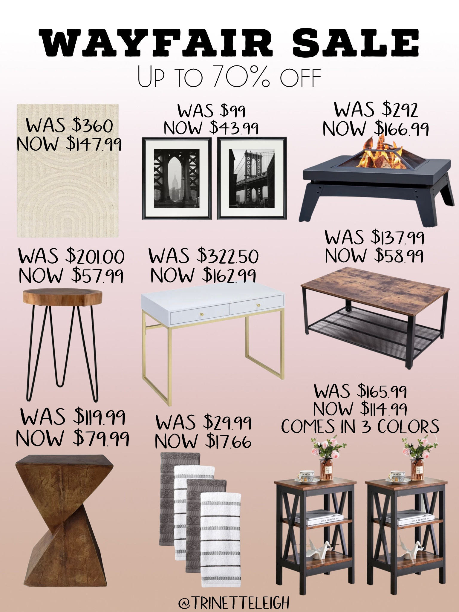 Wayfair sale. Area rug. Outdoor fireplace. Modern Coffee table. White makeup vanity table. Modern end table. Kitchen hand towels. Black and white wall art. Huge home sale. 

#LTKhome #LTKSale #LTKsalealert