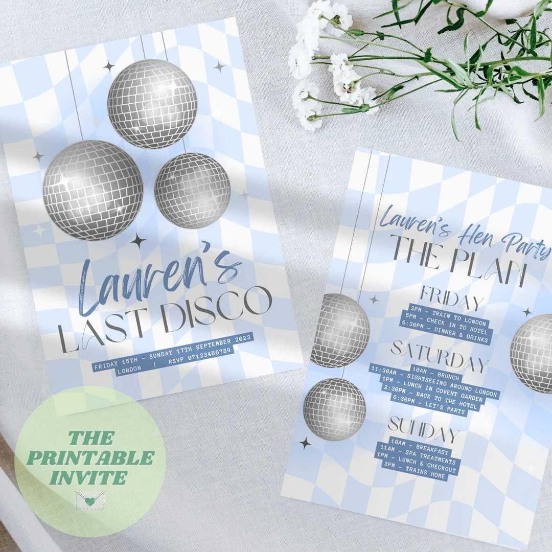 Last Disco Bachelorette Party Invitation: Blue Disco Ball, Itinerary (canva Template) - Etsy | Etsy (US)