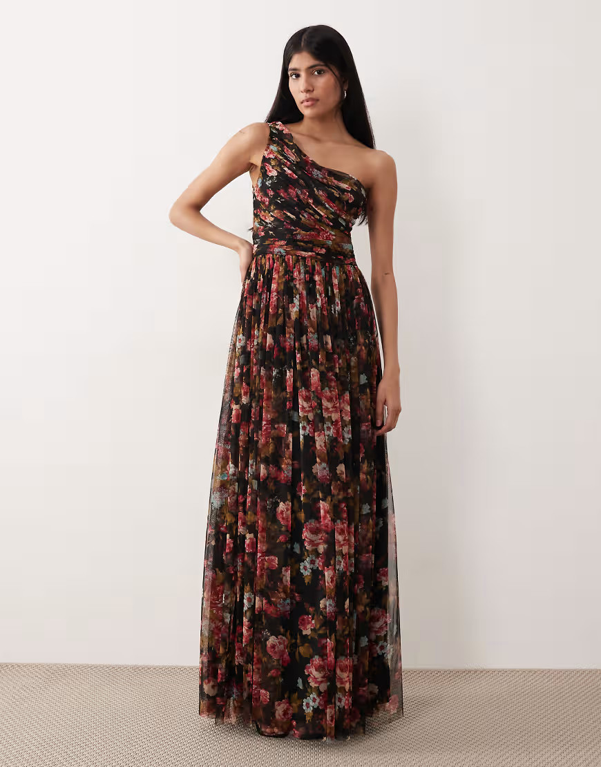 Lace & Beads tulle one shoulder maxi dress in black floral print | ASOS (Global)