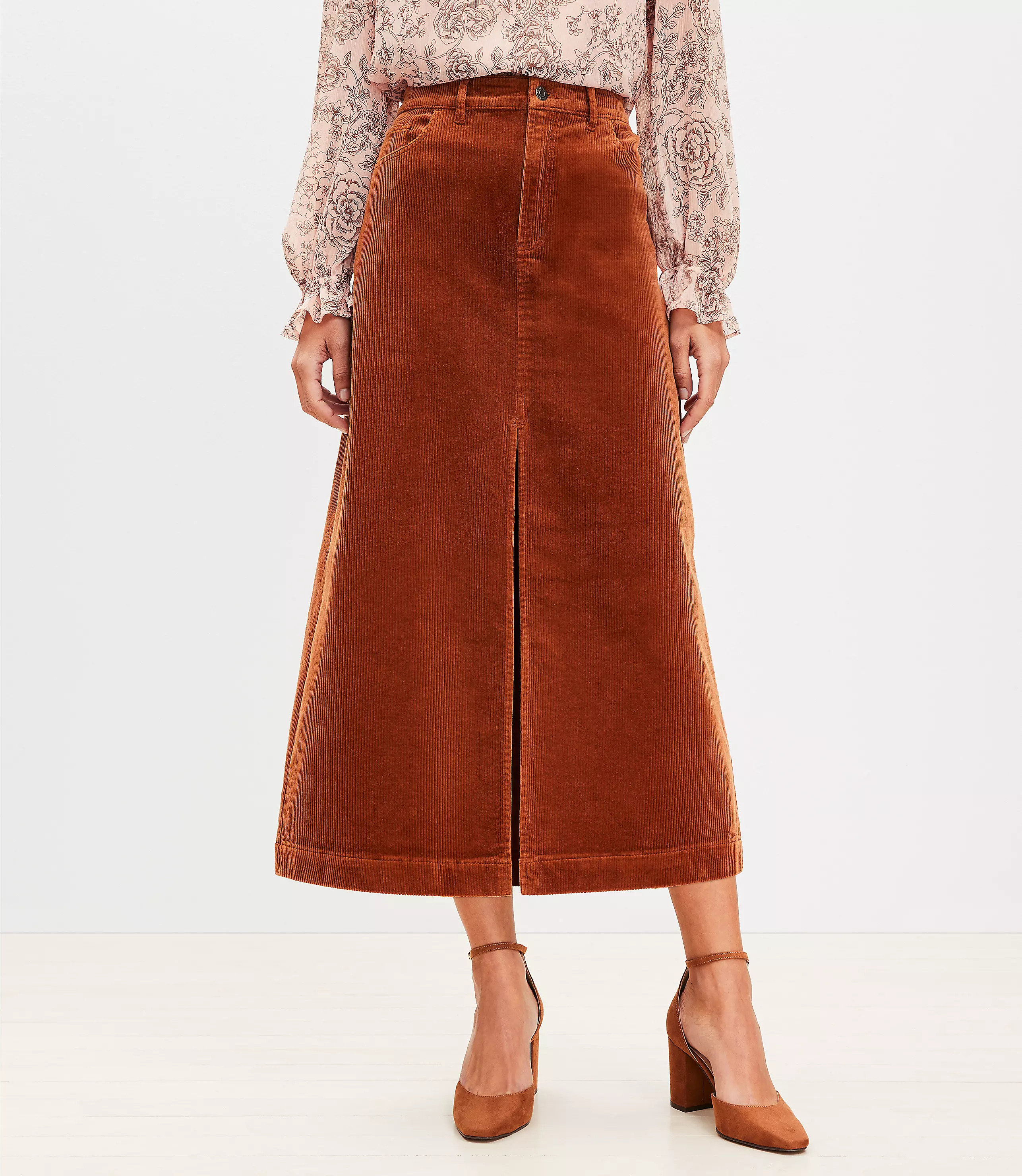 Corduroy Front Slit Midi Skirt | LOFT