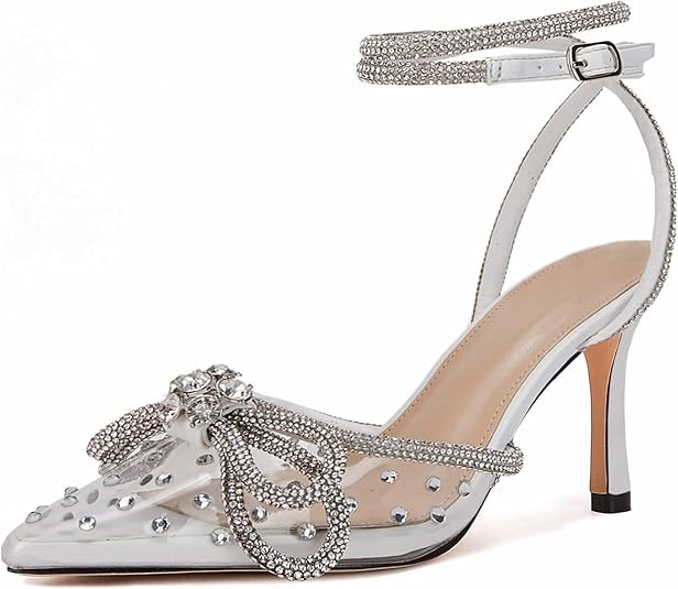 VETASTE Women's Double Bow Pointed Toe Ankle Strap Crystal Pumps Wedding Bridal Party Stilettos B... | Amazon (US)