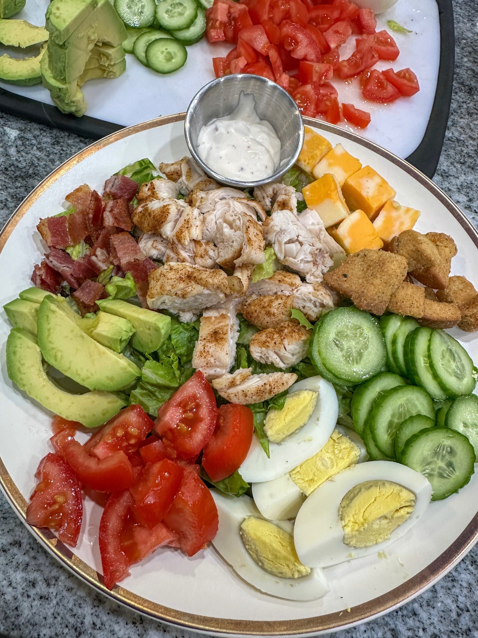 Chicken Club Salad served on this Thyme & Table Aden Ceramic Dinner Plate Cream with Bronze Rim. #plates #kitchenware #homecook 
