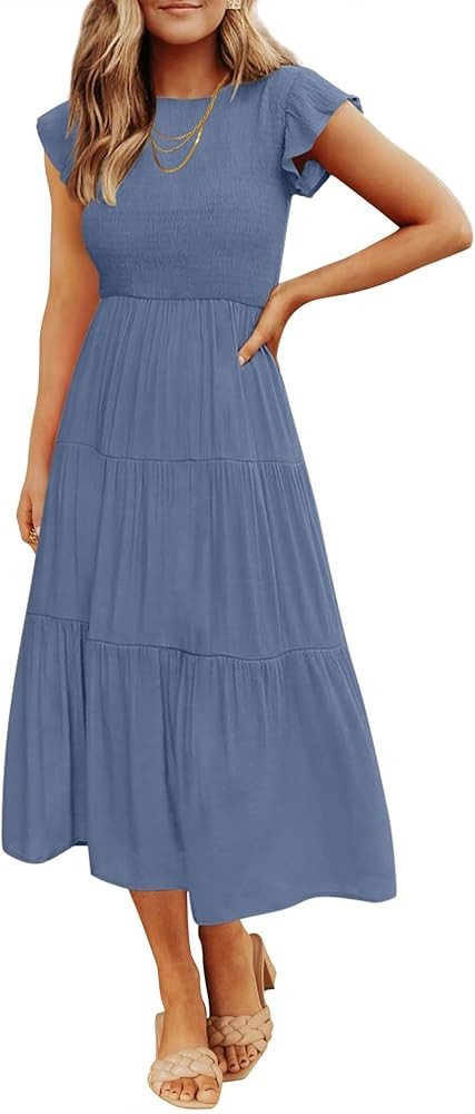 ZESICA Women's 2025 Summer Casual Flutter Short Sleeve Crew Neck Smocked Elastic Waist Tiered Mid... | Amazon (US)