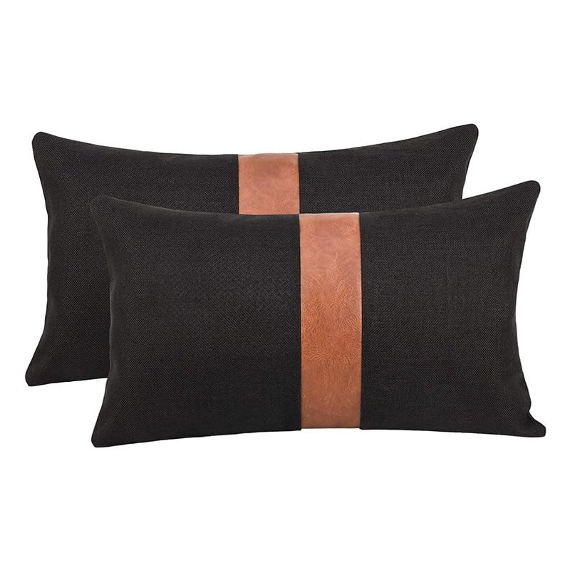 TAOSON Set of 2 Cotton Canvas Patchwork Faux Leather Throw Pillow Covers 12x20 Inch Modern Stripe... | Amazon (US)