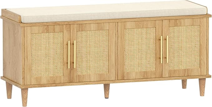 Akxomel Rattan Shoe Storage Bench with Cushion, 2-Tier Entryway Bench with Adjustable Shelves and... | Amazon (US)