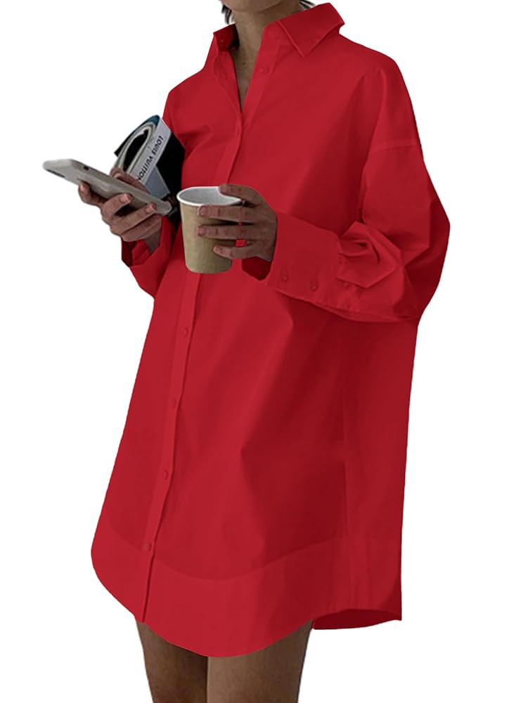 LYANER Women's Casual Shirt Dress Collar V Neck Button Down Loose Long Sleeve Mini Dresses | Amazon (US)