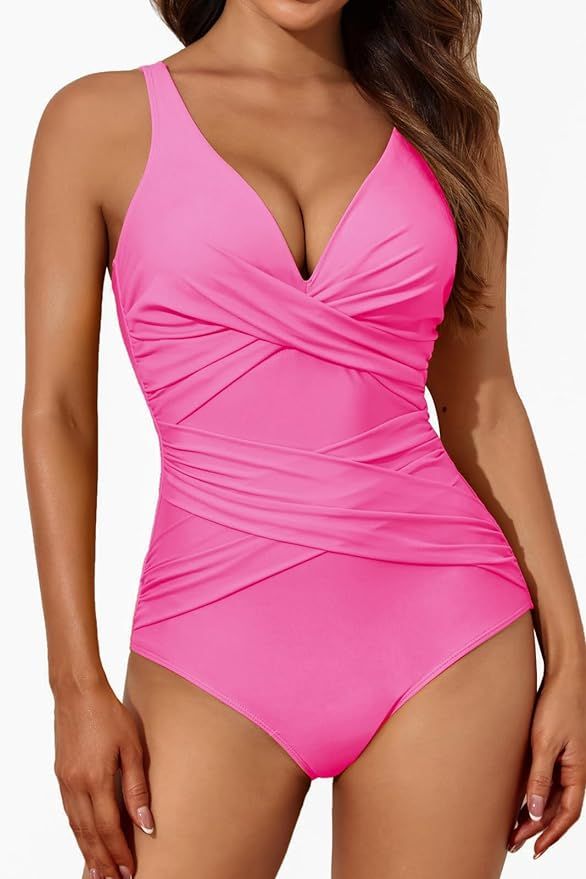 Smismivo Tummy Control Swimsuits for Women Slimming One Piece Bathing Suit Retro Ruched Push Up V... | Amazon (US)