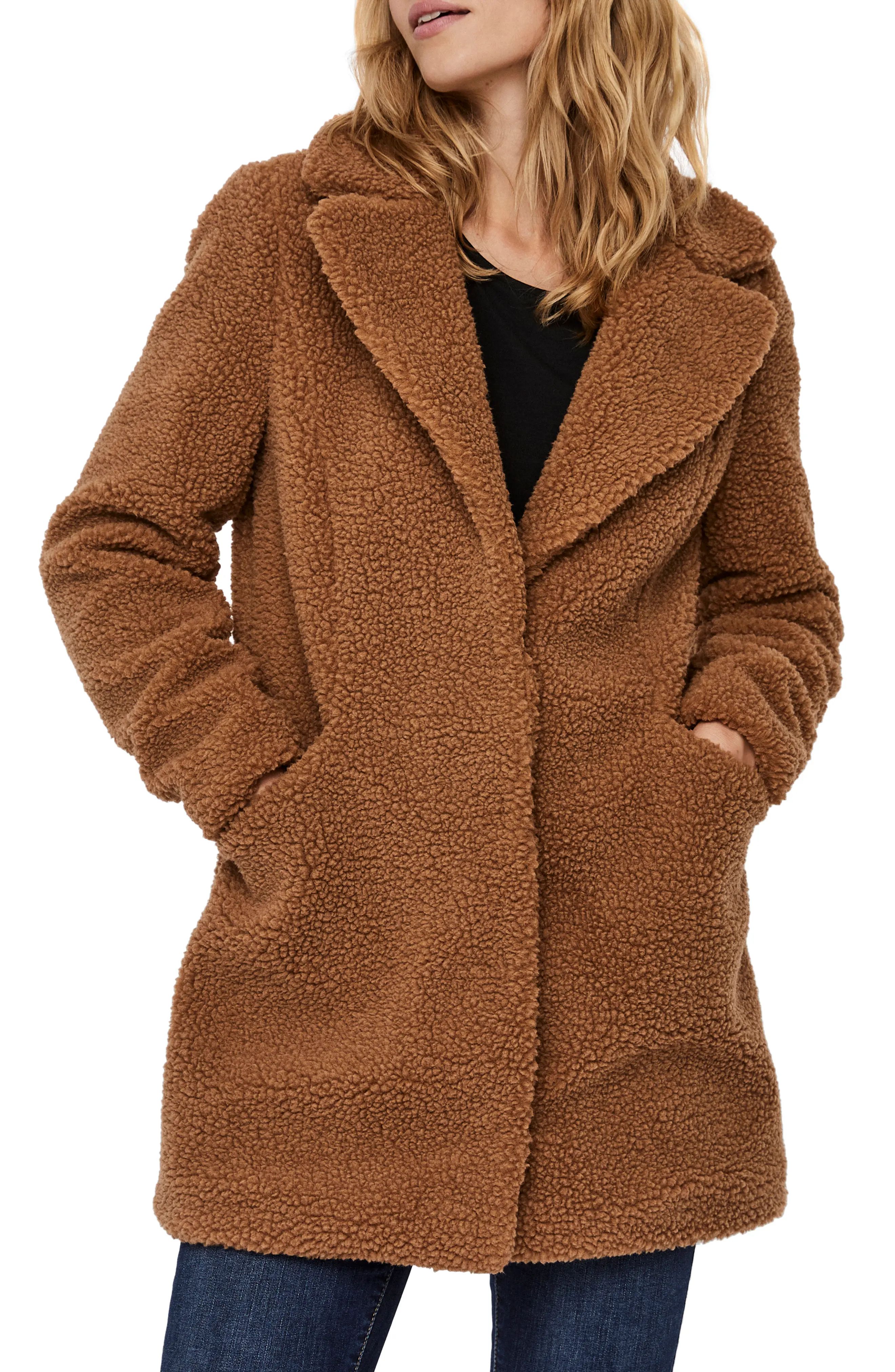 VERO MODA Donna Faux Fur Teddy Jacket, Size Medium in Tobacco Brown at Nordstrom | Nordstrom