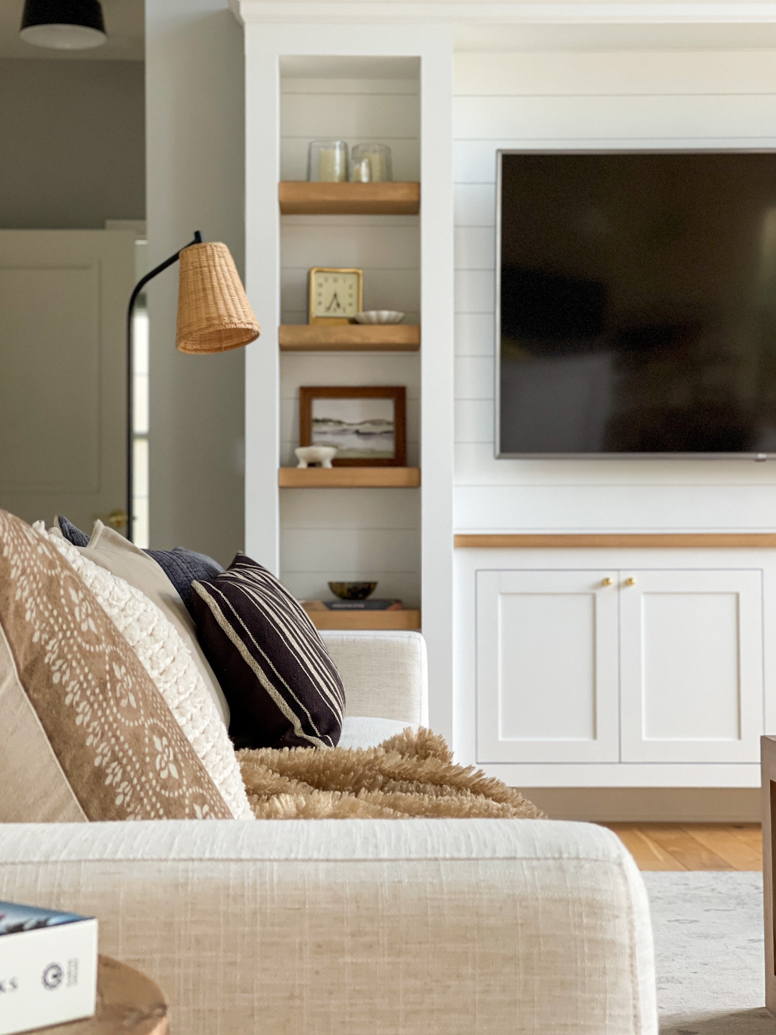Family room, throw pillows, pottery barn, cozy home, fall decor, home decor, interior decorating, interior styling, pretty room, built ins, shelf styling, white couch, neutral home, cottage, coastal living 

#LTKSale #LTKhome #LTKfindsunder100