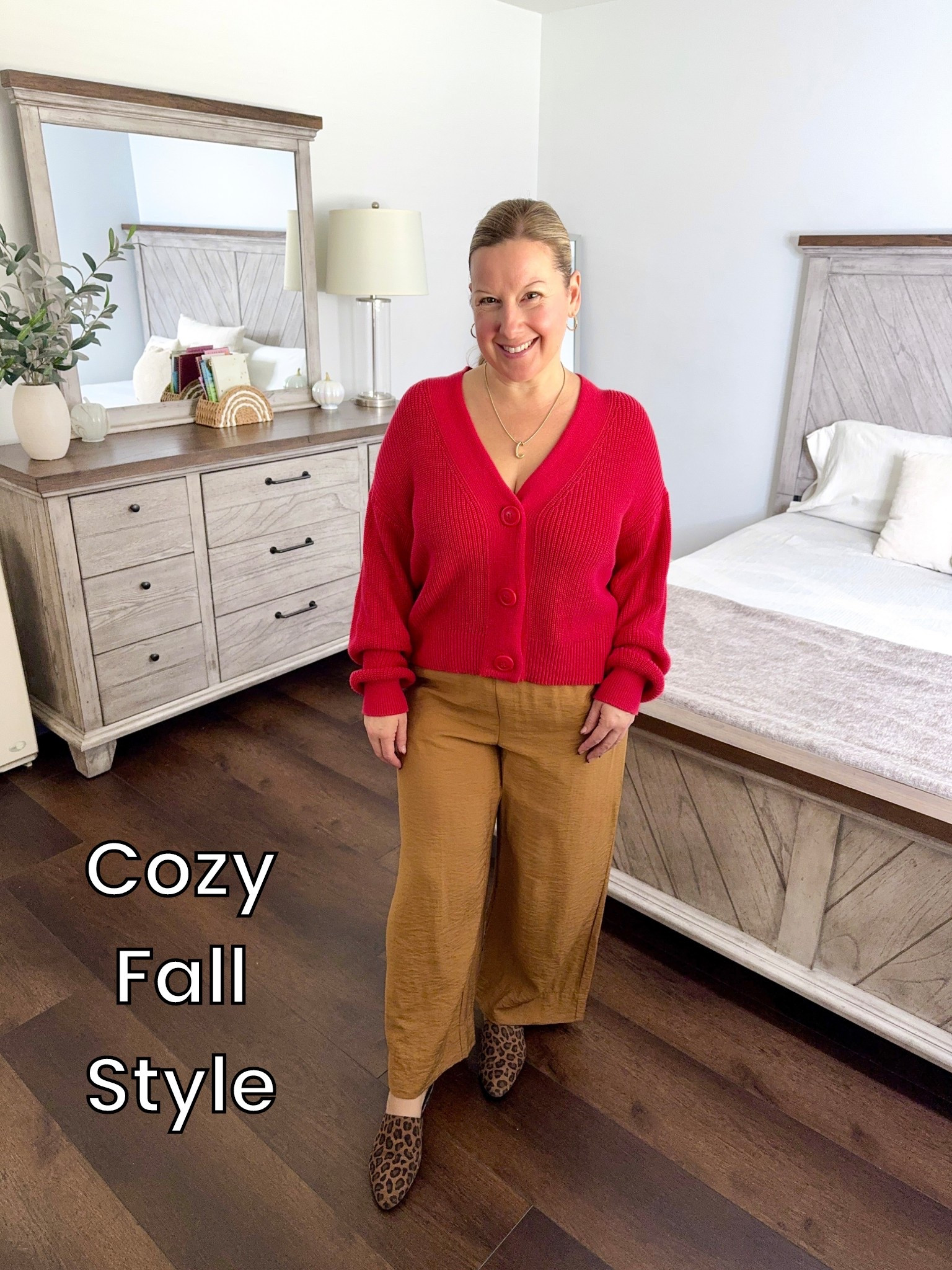 Cozy, colorful, and mom-friendly! This red cardi + wide-leg pants combo is perfect for my petite + curvy girls 🥰 the V-neck elongates, the relaxed fit flatters, and the comfy pieces make it an easy all-day look ❤️

#LTKOver40 #LTKPetite #LTKootd