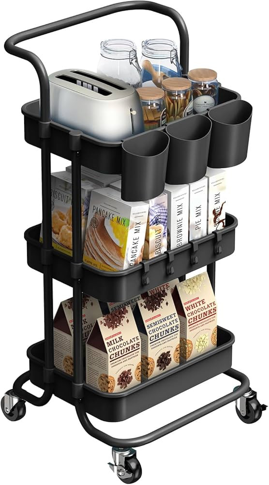 alvorog 3-Tier Rolling Utility Cart Storage Shelves Multifunction Storage Trolley Service Cart wi... | Amazon (US)
