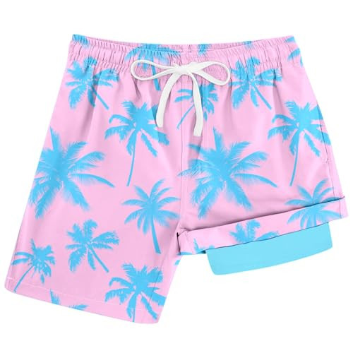 Cozople Boys Swim Trunk Pink Blue Palm Tree Swim Short with Boxer Brief Liner Swimsuit Compression Swimwear UPF Stretchy Bathing Suit for Outdoor Size 10-12 | Amazon (US)