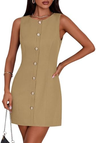 PRETTYGARDEN Work Dresses for Women 2025 Summer Business Formal Short Dress Sleeveless Button Dow... | Amazon (US)