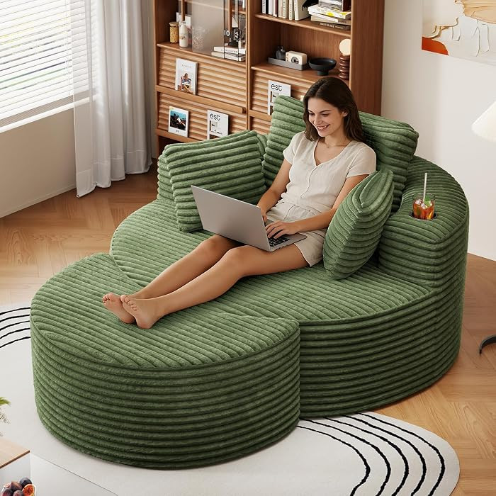 Oversized Round Chaise Longue Chair with Ottoman, Modern Corduroy Deep Seat Circle Single Cloud B... | Amazon (US)