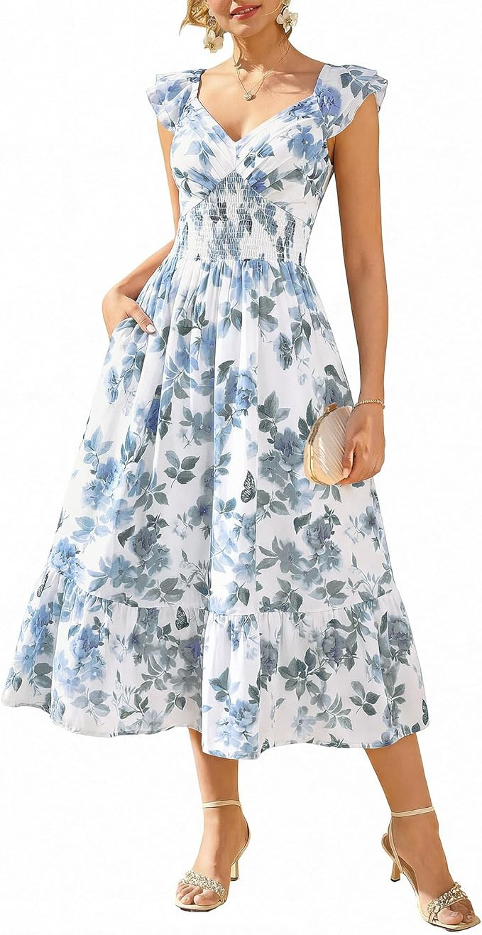 GRACE KARIN Women's Summer Floral Maxi Dress 2026 Ruffle Sleeve Smocked Sundress Flowy Wedding Gu... | Amazon (US)