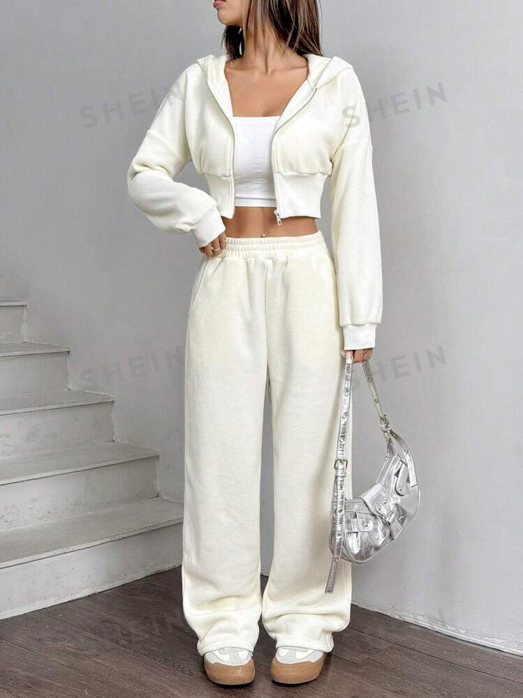 SHEIN EZwear 2pcs Women's Solid Color Front Button Long Sleeve Short Hoodie Sweatshirt And Pants ... | SHEIN