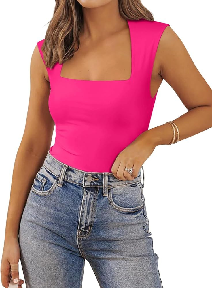 PINKMSTYLE Womens Basic Square Neck Tank Tops Double Lined Fitted Summer Tops Cute Sleeveless Shi... | Amazon (US)
