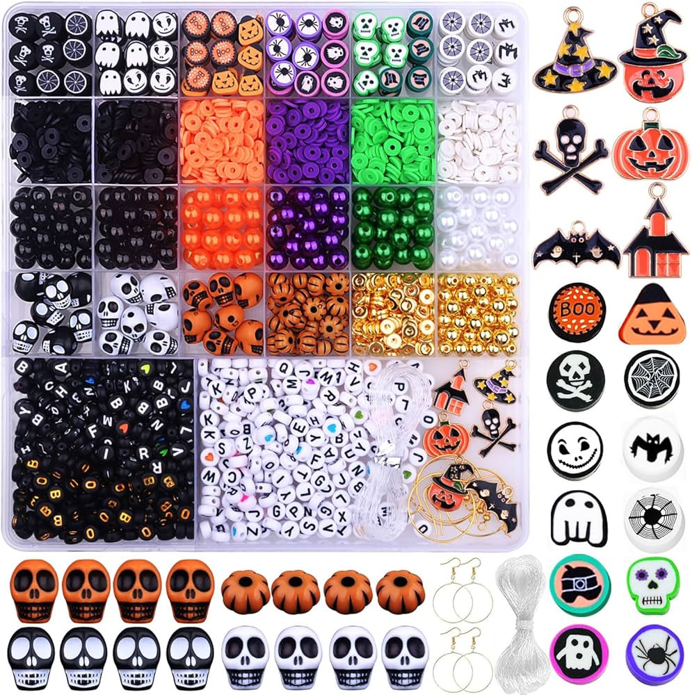 2088pcs Halloween Polymer Clay Beads Bracelet Making kit, 24 Style Cute Fun Beads Skull Pumpkin B... | Amazon (US)