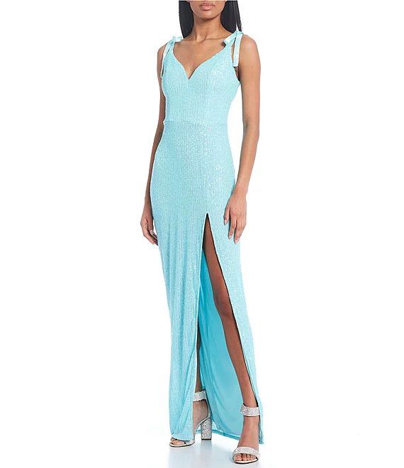 V-Neck Tie Shoulder Front Slit Sequin Long Dress | Dillard's