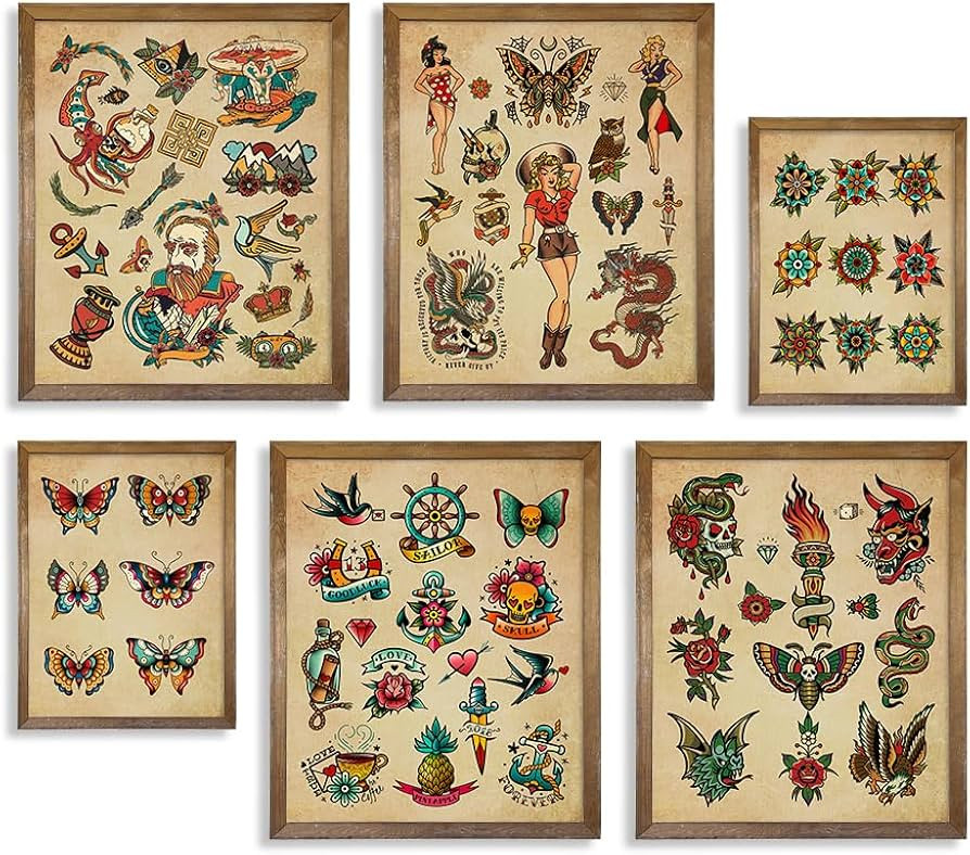Tattoo Shop Wall Decoration - Old School Tattoo Pictures - Vintage Tattoo Poster Picture Set - Gi... | Amazon (US)