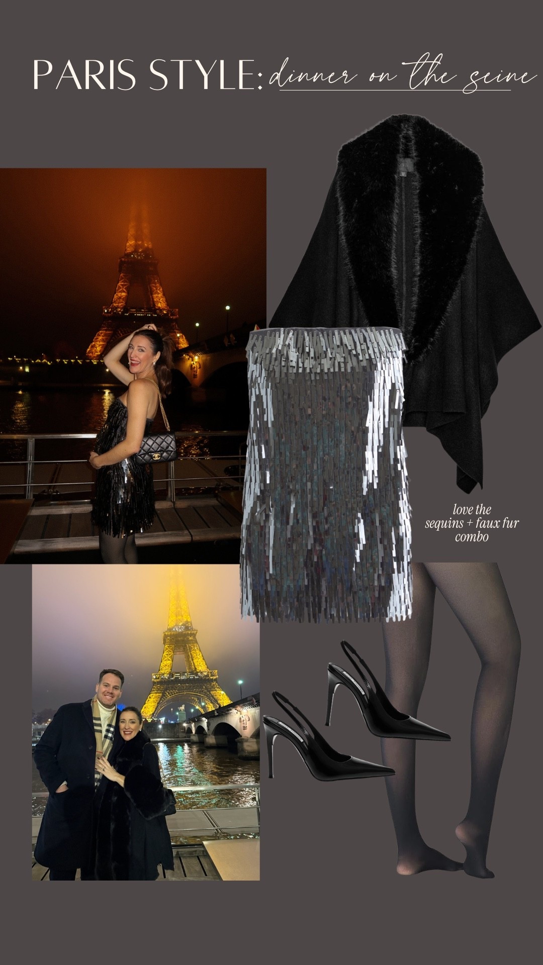 The most chic party outfit! Perfect for NYE or a cold night out in Paris! Love this fur wrap, with sequin dress and fleece lined sheer tights

#LTKHoliday #LTKTravel