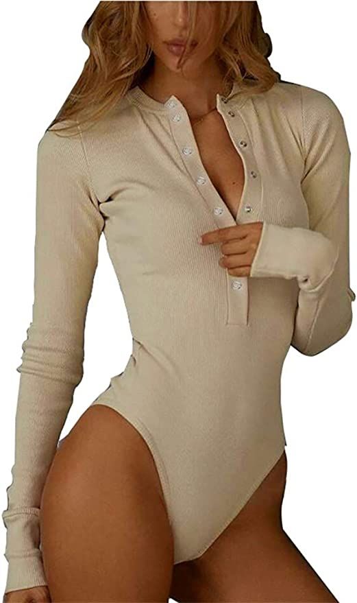GEMBERA Womens Long Sleeves Button Down V Neck Ribbed Henley Bodysuit Top Cream Tan Beige S at Am... | Amazon (US)
