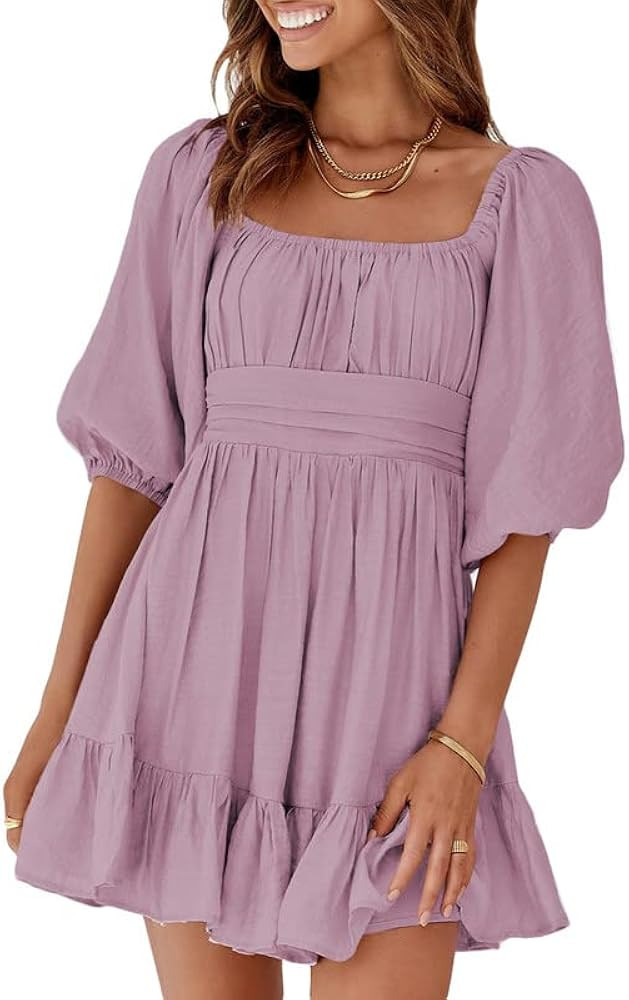 Dokotoo Womens Summer Dresses Square Neck Lantern Sleeve Tie Backless Ruffle A-Line Casual Dress | Amazon (US)