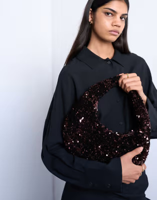 Santana scoop sequin shoulder bag in chocolate | Topshop