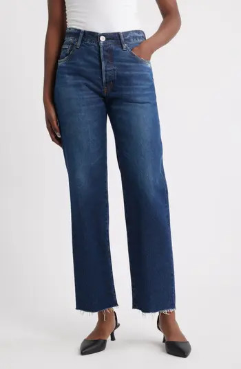 MOUSSY VINTAGE Medley Distressed Raw Hem Ankle Straight Leg Jeans in Dark Blue at Nordstrom Rack, Size 29 | Nordstrom Rack