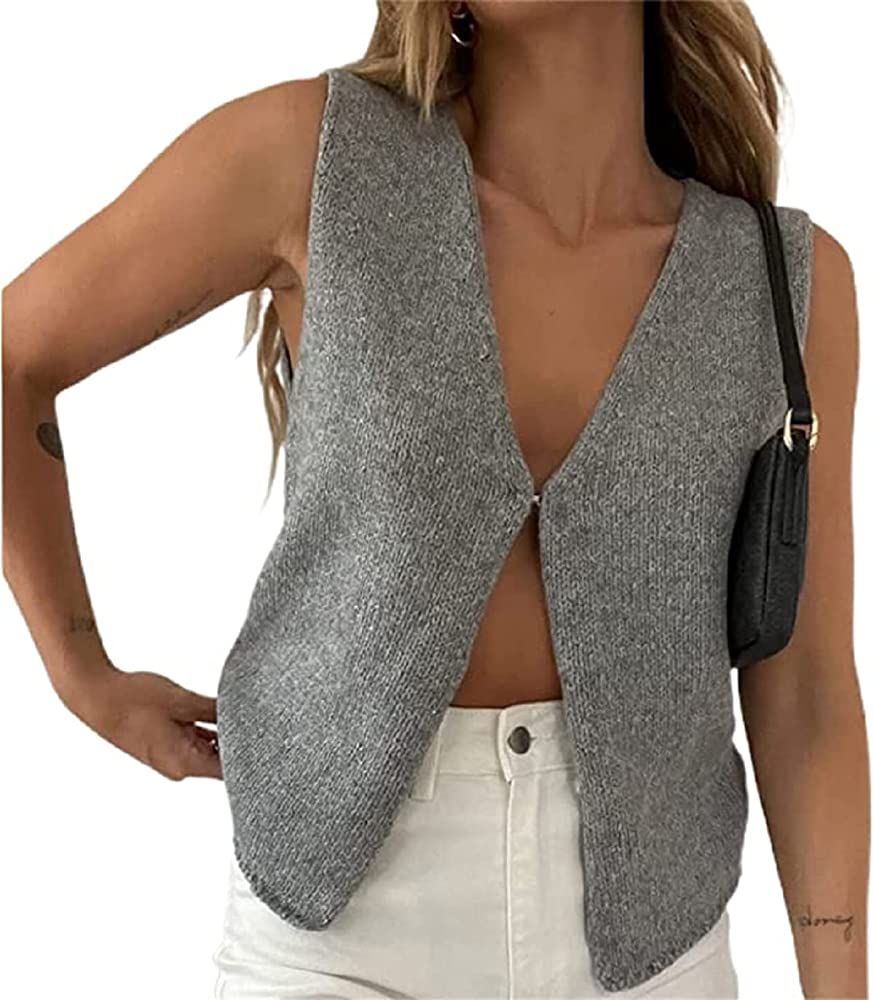 Y2k Sleeveless Knit Vest for Women Going Out Crochet Top V Neck Cardigan Button Sweater Tank Vint... | Amazon (US)