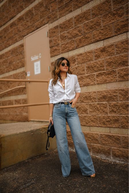 My absolute favorite pair of super wide leg jeans! They run tts. I’m wearing size 24.
Madewell jeans, business casual outfit, white button down shirt, office wear

#LTKfindsunder100 #LTKstyletip #LTKworkwear
