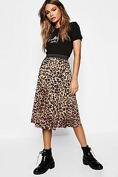 Leopard Print Pleated Midi Skirt | Boohoo.com (US & CA)