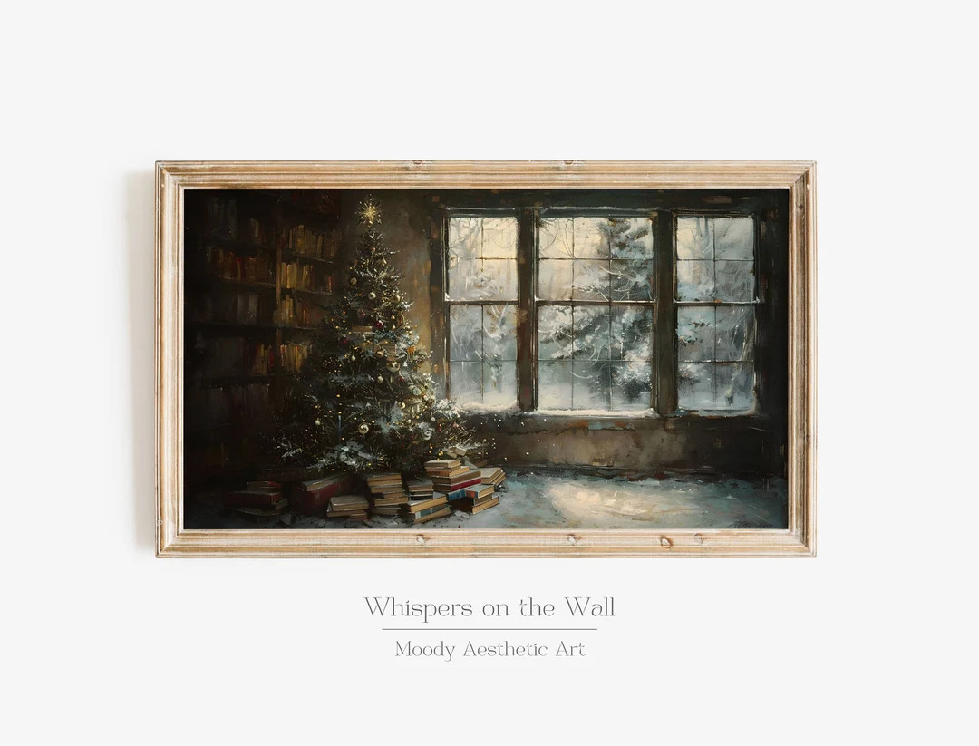 Vintage Christmas Tree Frame TV Art, Bookish Decor, Moody Winter Painting, Christmas Wall Art Scr... | Etsy (US)