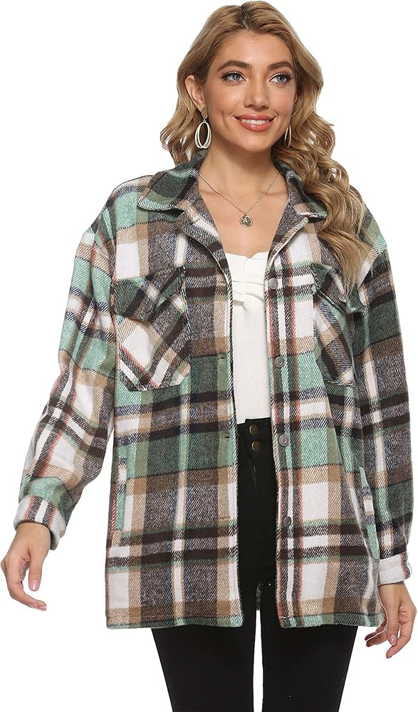 Gihuo Women's Casual Loose Button Down Wool Blend Plaid Shirt Jacket Shacket | Amazon (US)
