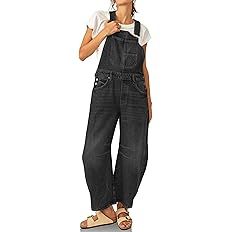 PLNOTME Womens Denim Bib Overalls Barrel Leg Adjustable Strap Jean Pants Jumpsuits with Pockets | Amazon (US)