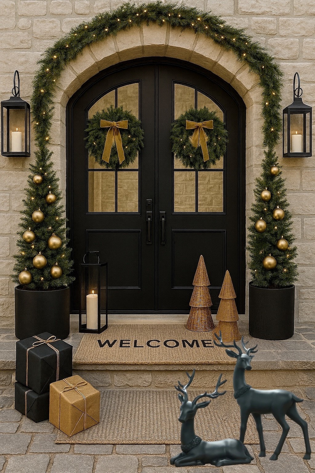 Chic Christmas porch decor with beautiful large black deer decor!

Neutral, holiday porch, ribbon, wreath, garland, Christmas tree ornaments, faux cedar trees, planters, earthy, moody, organic modern, transitional, Amazon home, Pottery’s Barn style, crate & Barrel aesthetic, Walmart home ideas, Target

#LTKHoliday #LTKHome #LTKSaleAlert