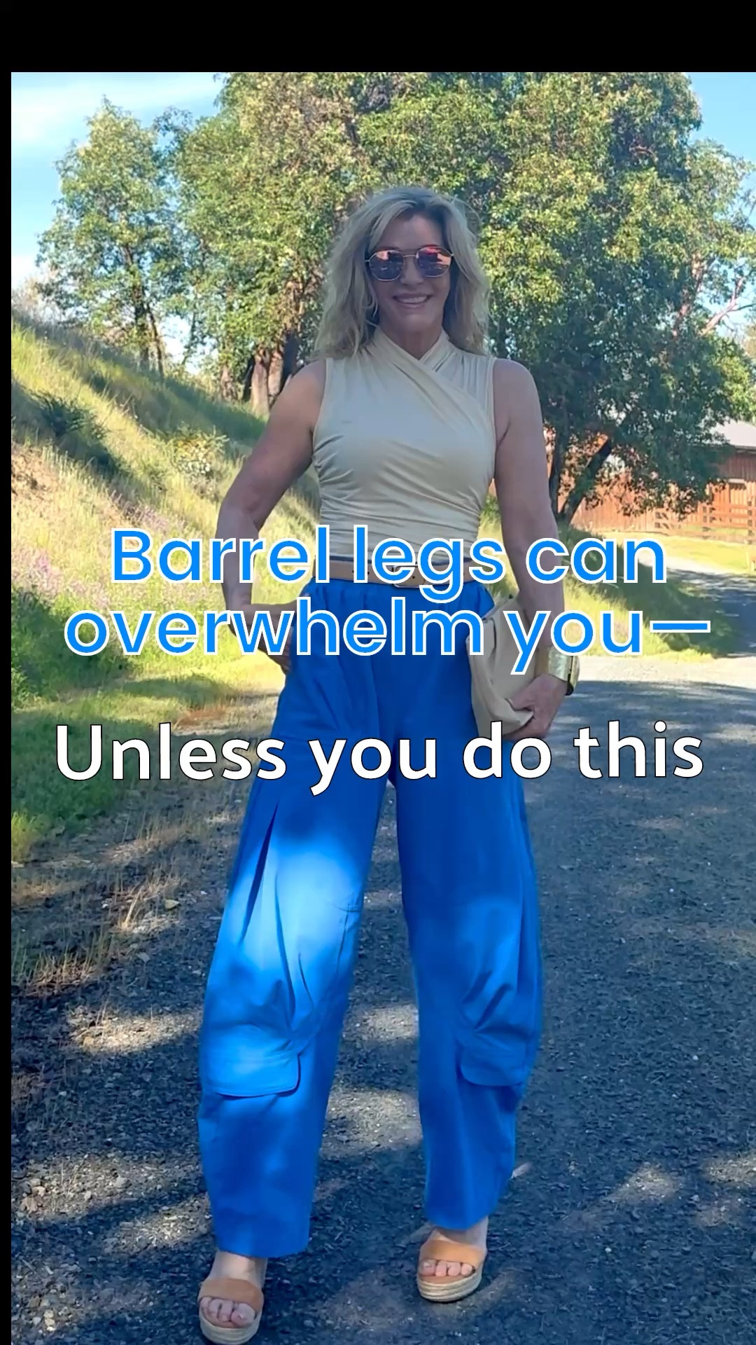 Barrel legs can overwhelm you—unless you control the shape.

The key isn’t avoiding the volume… it’s directing it.

What’s working here:
• a fitted, structured wrap-style top (keeps the upper body defined)
• a belt to clearly anchor the waist
• a longer leg line + a bit of height with espadrille platforms for balance

Last time I styled these, I kept it simple with a slim tee and flat sandals—and it worked.
Because the proportions were still controlled.

That’s the difference.

It’s not about copying one formula…
it’s about knowing how to balance the shape.

Everything linked here ⬇️