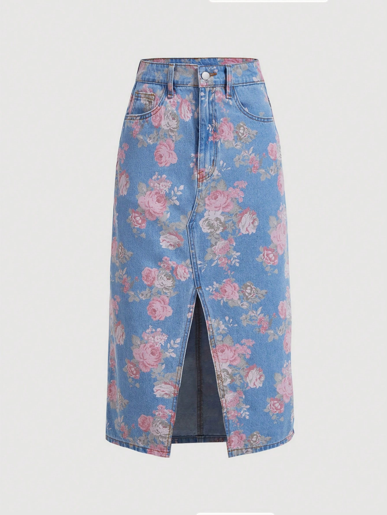 SHEIN MOD Women's Vintage Light Pink Rose,Denim A-Line Skirt, Denim Skirt,Sweet Tea Length With R... | SHEIN