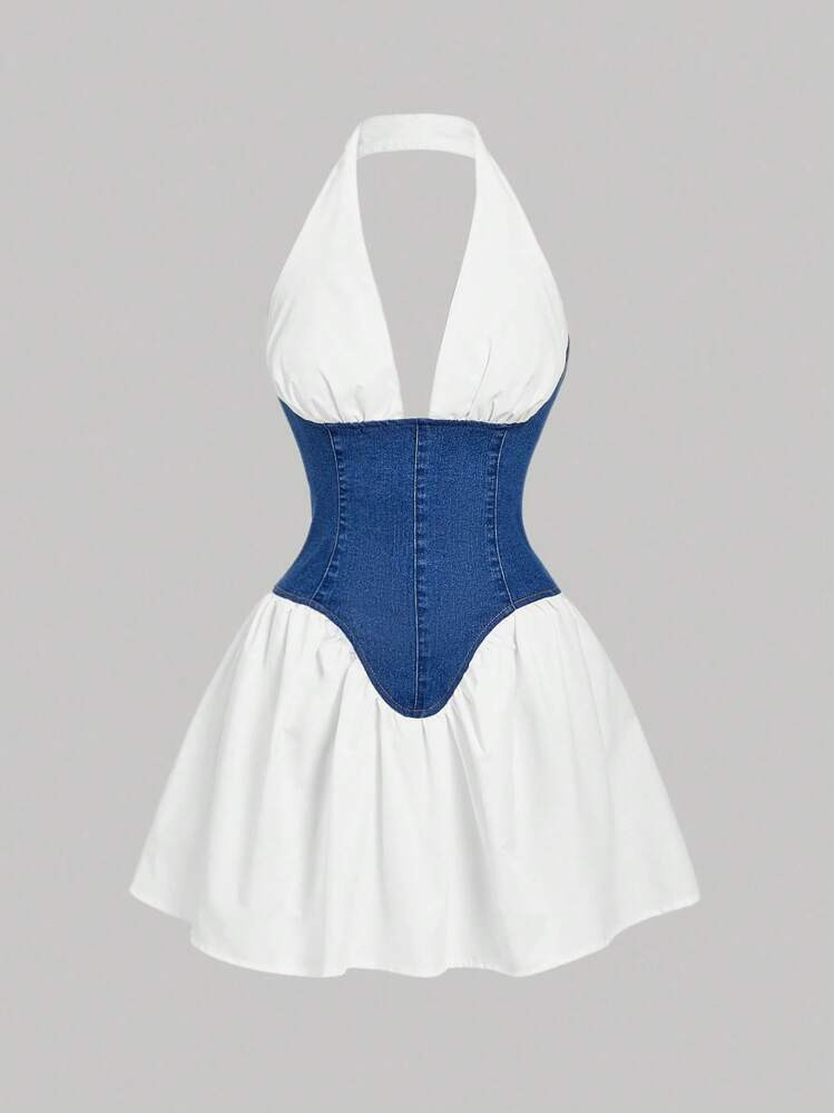 SHEIN MOD Women's Color Block Backless Halter Neck Denim Dress | SHEIN