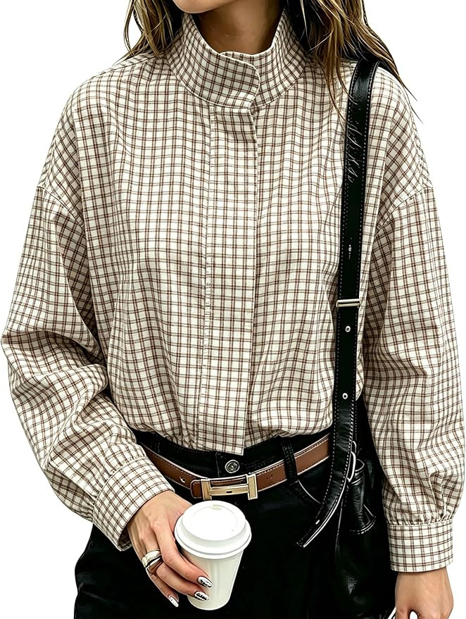 Women Oversized Cropped Gingham Jacket Zip Up Stand Collar with Batwing Sleeves Casual Coat Sprin... | Amazon (US)
