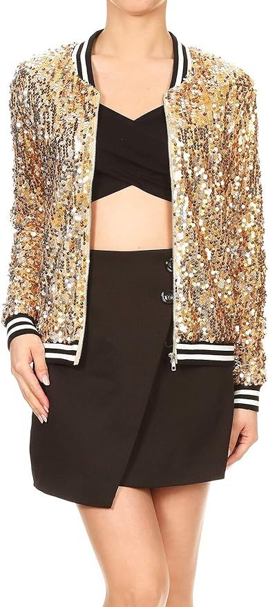 Anna-Kaci Womens Sequin Long Sleeve Front Zip Jacket with Ribbed Cuffs | Amazon (US)