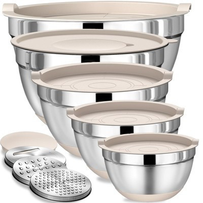 Itopfox Stainless Steel Mixing Bowls Set with Airtight Lids & Grater Attachments, Non-Slip Silicone Bottoms, Nesting Bowls for Mixing & Serving | Target