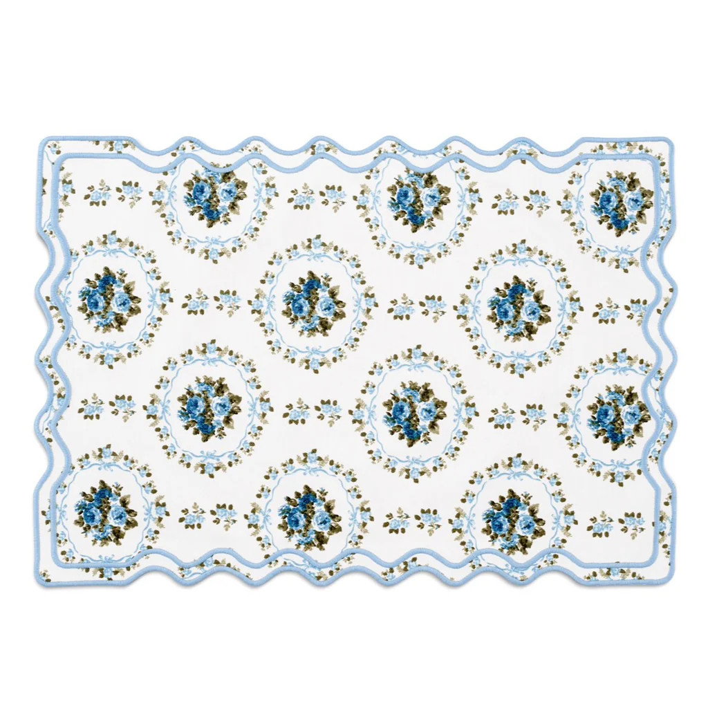 Elodie Placemat and Napkin Set with Bows and Florals in Green with Light Blue Embroidery | Over The Moon