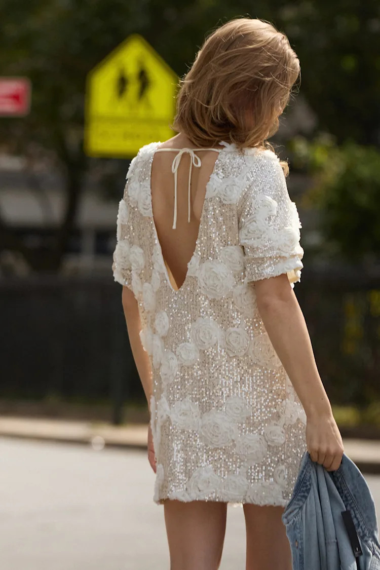 Kayleena Ivory Sequin Rosette Tie-Back Shift Dress | Lulus