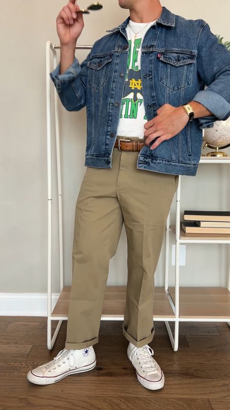 Men’s game day outfit for football season - go Irish! ☘️

Levi’s jean jacket with dockers workday pants and converse

#LTKSeasonal #LTKmens #LTKstyletip