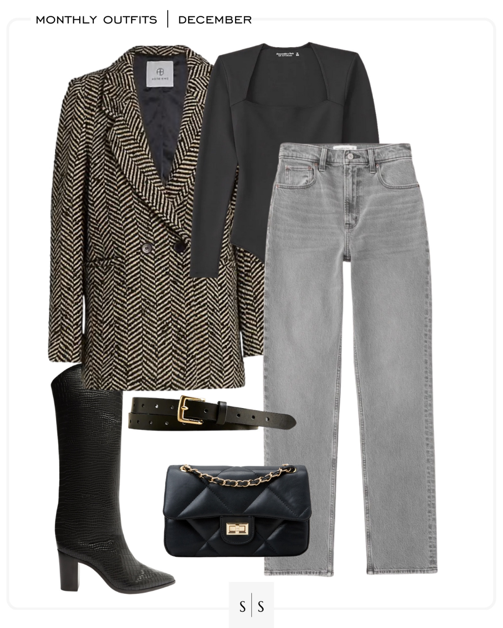 Monthly outfit planner : DECEMBER looks | #blazer #bodysuit #greyjeans #westernboot #kneehighboot #straightjean #skinnyjean #classicstyle | See entire calendar on thesarahstories.com  ✨

#LTKstyletip