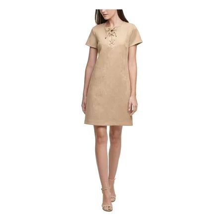 TOMMY HILFIGER Womens Beige Faux Suede Short Sleeve Tie Neck Above The Knee Wear To Work A-Line Dres | Walmart (US)