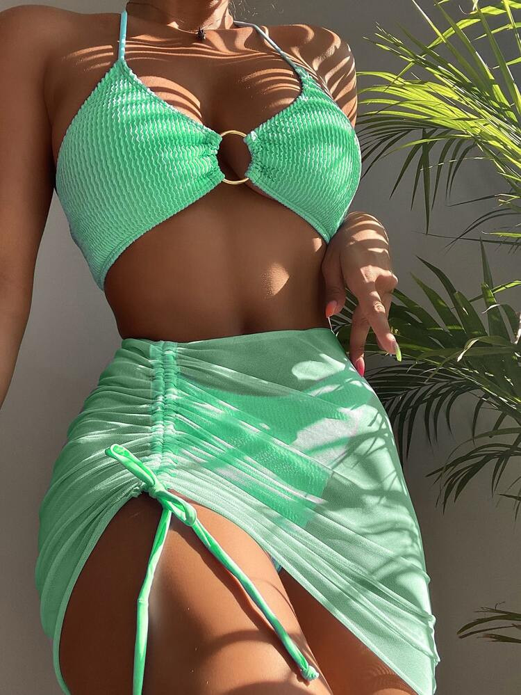 3pack Textured Ring Linked Bikini Swimsuit With Beach Skirt | SHEIN