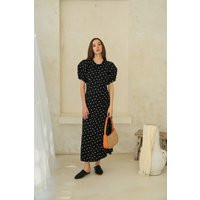 Puffy Sleeves Polka Dots Maxi Dress Black - Statement Dresses, Casual Gift For Her, Party Dresses | Etsy (US)