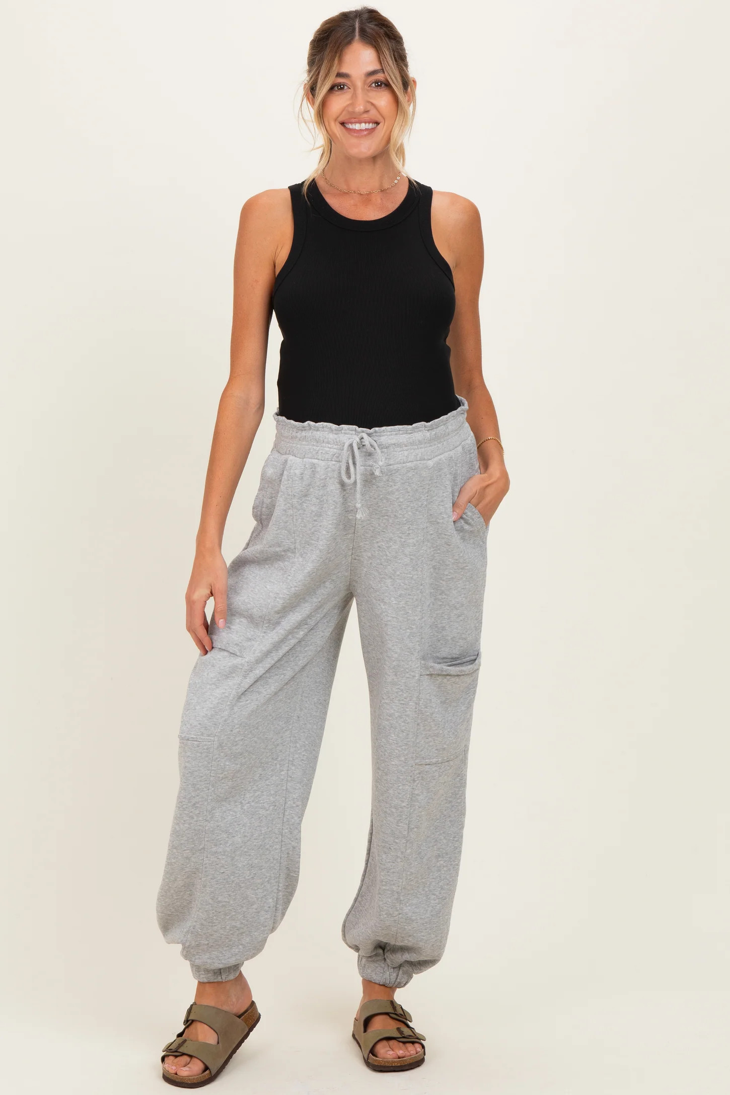 Heather Gray Ruffle Waist Burnout Maternity Jogger Pants | PinkBlush Maternity